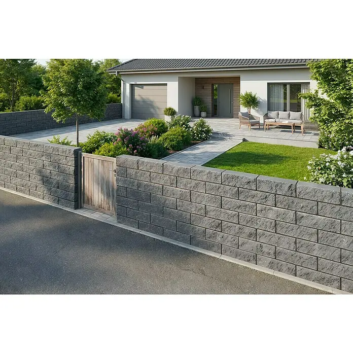 EHL Mauerstein Anzio Light - 50 x 18 x 15 cm, Anthrazit, Beton - Graue, strukturierte Blockmauer und Holztor grenzen einen Garten und eine Einfahrt eines modernen Hauses ab.