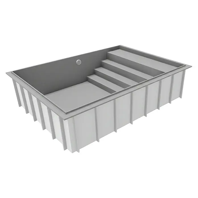Mountfield Bausatz-Pool - L x B x H: 650 x 350 x 150 cm, 23,83 m³, Grau - Hellgraues Schwimmbecken aus Fiberglas mit integrierten Stufen, schräg von oben gesehen.