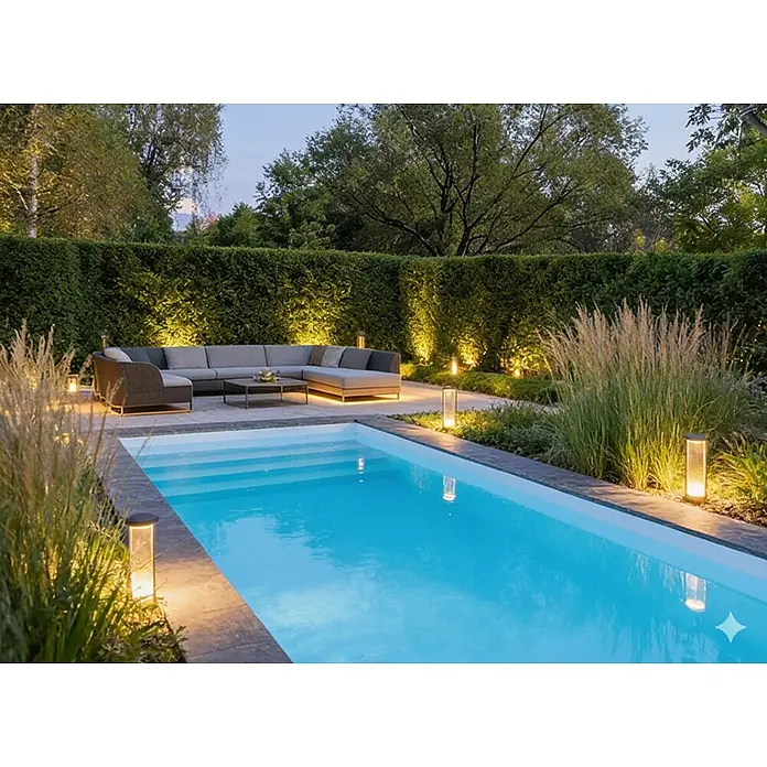 Mountfield Bausatz-Pool - L x B x H: 650 x 350 x 150 cm, 23,83 m³, Weiß - Eine modulare Outdoor-Lounge-Sitzgruppe auf einer Terrasse am Pool, beleuchtet von warmen Gartenlichtern bei Dämmerung.
