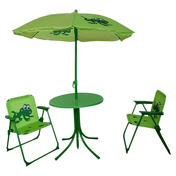 Westerholt Kinder-Sitzgruppen-Set Fröschl - Gesamtumfang: 4 -tlg., Metall, Grün - Grünes Kinder-Gartenset mit Schirm, Tisch und zwei Stühlen, alle mit lustigen Froschmotiven.