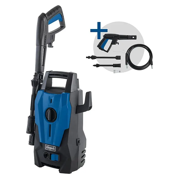 Scheppach Hochdruckreiniger SHD110 - 1.400 W, Max. Druck: 110 bar, Fördermenge: 390 l/h - Blauer und schwarzer Hochdruckreiniger mit Spritzpistole, zwei Düsen, Schlauch und Wasserfilter daneben abgebildet.