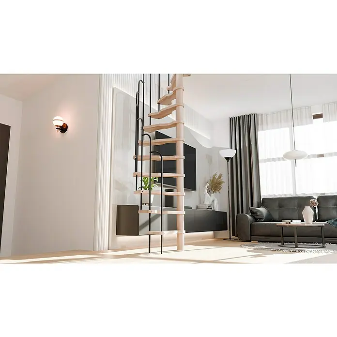 Sogem Escalera de caracol Saturne - Haya, Diámetro: 140 cm, Negro, Altura de planta: 276 cm - Escalera de caracol de madera clara con soportes metálicos negros, que conecta elegantemente los niveles en un salón moderno.