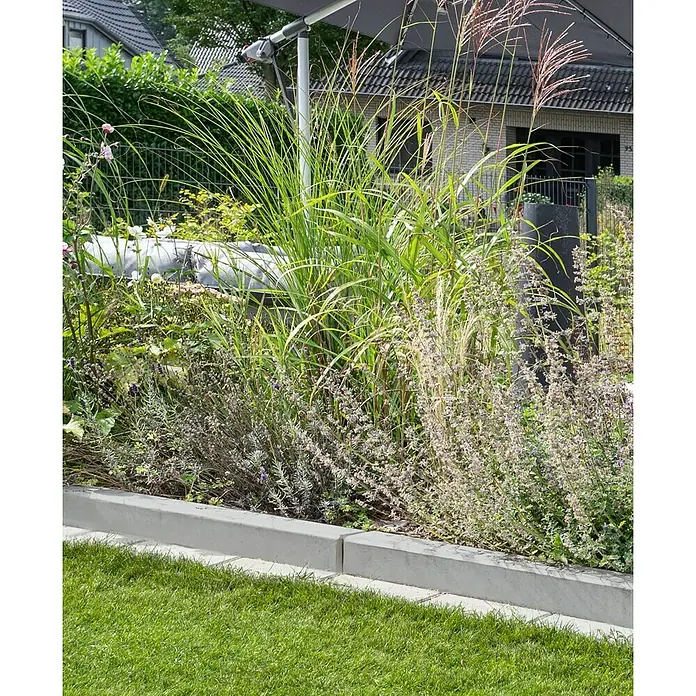 Diephaus Tiefbordstein - 100 x 25 x 8 cm, Grau, Beton - Graue Beton-Gartenbegrenzung trennt grünen Rasen von einem Blumenbeet.
