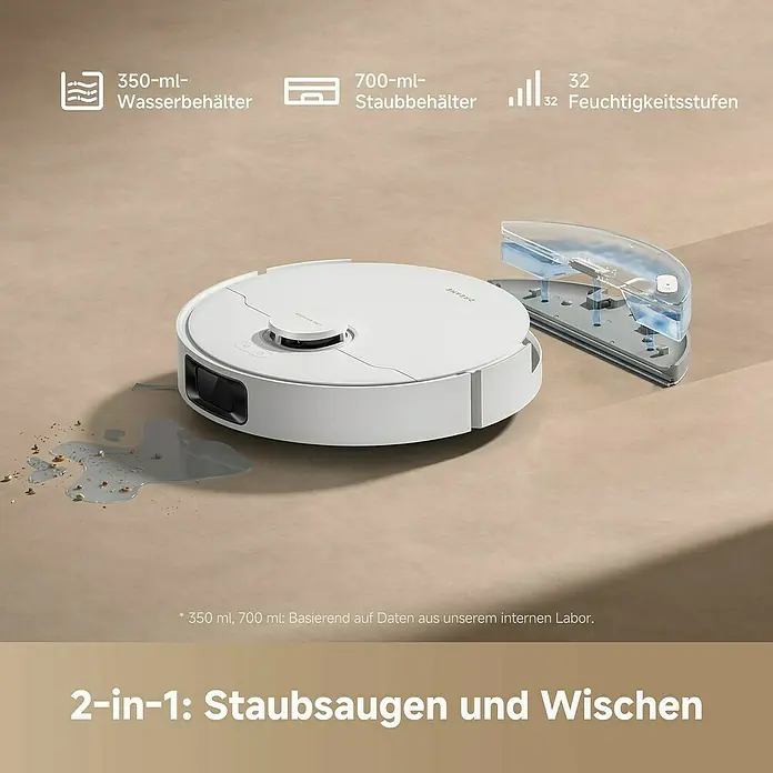 Dreame Saugwischroboter D20 - Saugkraft: 13.000 Pa, Akkulaufzeit: 285 min, Fassungsvermögen Roboter: 700 ml - Weißer Saugroboter mit transparentem Wassertank, reinigt eine Verschüttung. Bietet 2-in-1 Staubsaugen und Wischen.