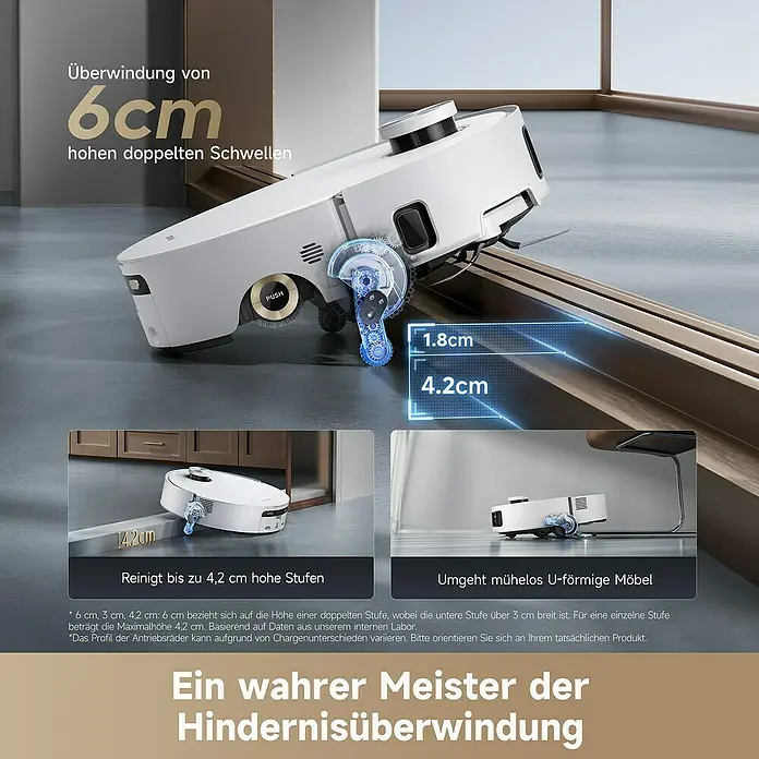 Dreame Saugwischroboter Aqua10 - Saugkraft: 30.000 Pa, Akkulaufzeit: 200 min, Fassungsvermögen Roboter: 220 ml - Weißer Roboterstaubsauger überwindet Hindernisse, wie 6 cm hohe Doppelschwellen, und navigiert unter Möbeln.