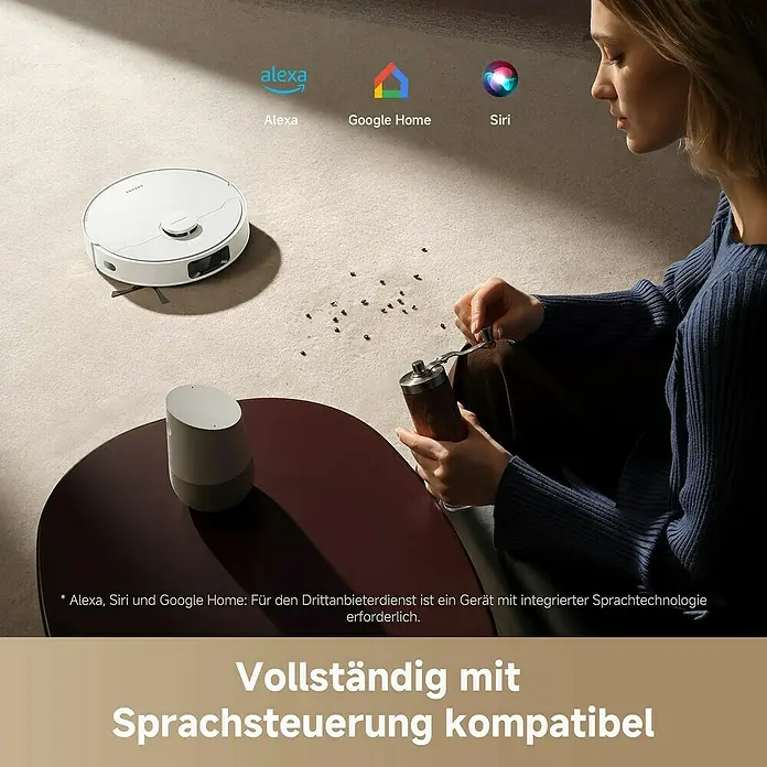 Dreame Saugwischroboter D20 - Saugkraft: 13.000 Pa, Akkulaufzeit: 285 min, Fassungsvermögen Roboter: 700 ml - Ein weißer Saugroboter auf Teppich, bereit zum Aufsaugen verschütteter Kaffeebohnen. Er ist mit Sprachsteuerung kompatibel.