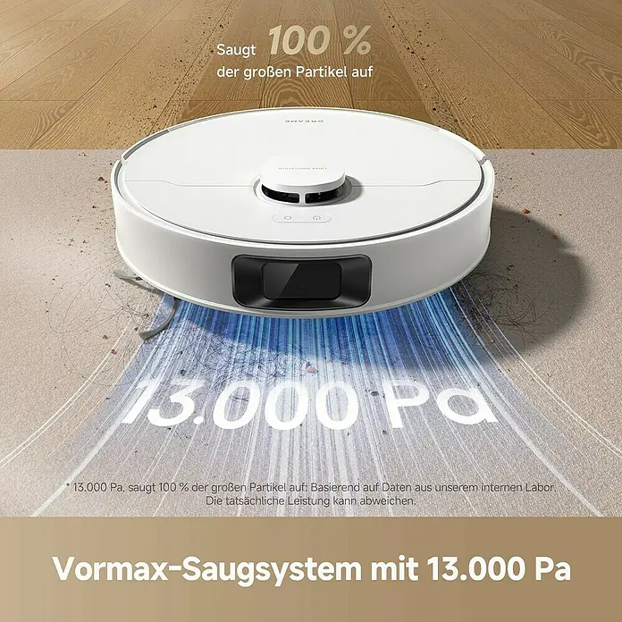 Dreame Saugwischroboter D20 - Saugkraft: 13.000 Pa, Akkulaufzeit: 285 min, Fassungsvermögen Roboter: 700 ml - Weißer Roboterstaubsauger mit 13.000 Pa Saugleistung, der 100% großer Partikel von einem schmutzigen Boden entfernt.