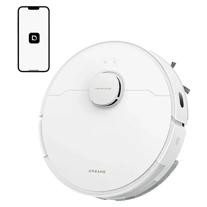 Dreame Saugwischroboter D20 - Saugkraft: 13.000 Pa, Akkulaufzeit: 285 min, Fassungsvermögen Roboter: 700 ml - Weißer Roboterstaubsauger mit LIDAR-Navigation und Smartphone, das die zugehörige App zeigt.
