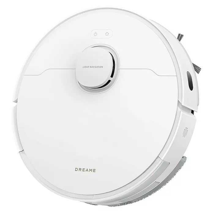 Dreame Robot aspirador con mopa D20 - Potencia de aspiración: 13.000 Pa, Duración de la batería: 285 min, Capacidad del robot: 700 ml - Robot aspirador blanco con navegación LIDAR superior, dos botones de control y la marca 'DREAME'.