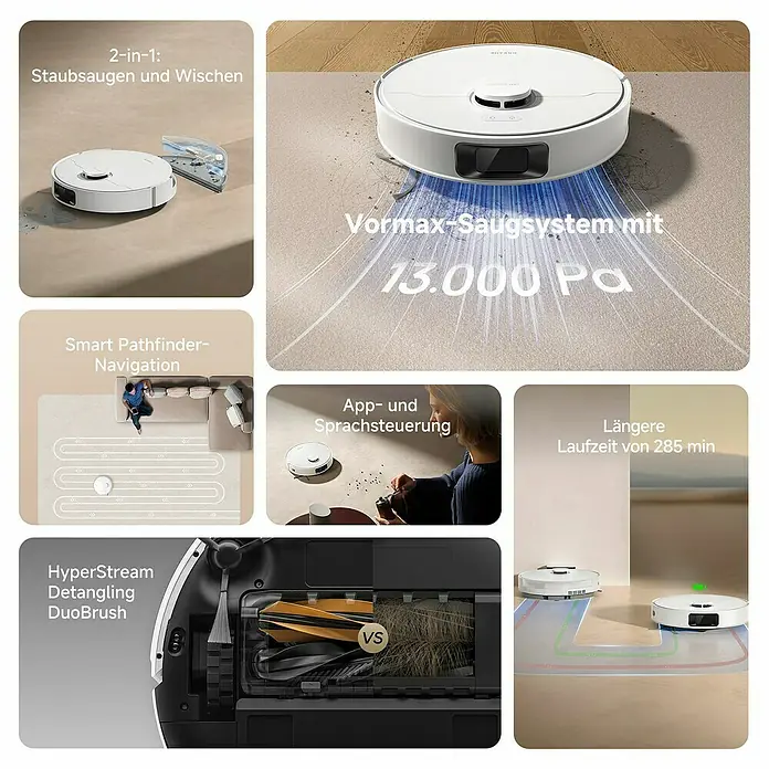 Dreame Saugwischroboter D20 - Saugkraft: 13.000 Pa, Akkulaufzeit: 285 min, Fassungsvermögen Roboter: 700 ml - Weißer Saugroboter demonstriert 2-in-1 Saugen und Wischen, smarte Navigation und starke Saugleistung.
