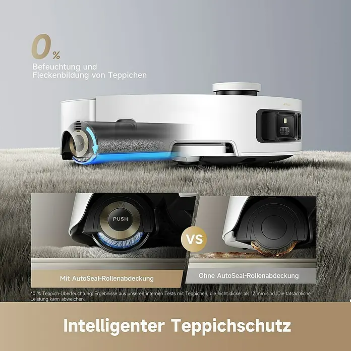 Dreame Saugwischroboter Aqua10 - Saugkraft: 30.000 Pa, Akkulaufzeit: 200 min, Fassungsvermögen Roboter: 220 ml - Weißer Saugroboter demonstriert intelligenten Teppichschutz, verhindert Befeuchtung und Fleckenbildung mit AutoSeal-Funktion.