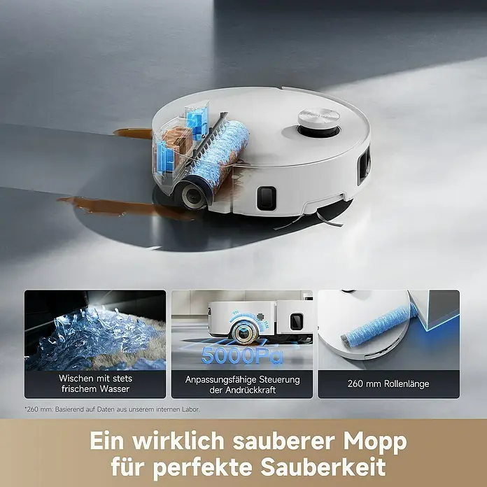 Dreame Saugwischroboter Aqua10 - Saugkraft: 30.000 Pa, Akkulaufzeit: 200 min, Fassungsvermögen Roboter: 220 ml - Weißer Saugroboter wischt verschüttetes Getränk mit Frischwasserfunktion, adaptivem Anpressdruck (5000Pa) und 260mm Reinigungsrolle.