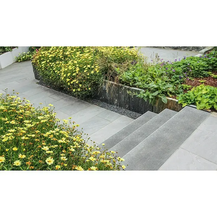 Diephaus Winkelstufe - 150 x 32 x 18 cm, Grau, Beton - Graue Steinstufen und ein hellgrauer gepflasterter Weg in einem üppigen Garten mit leuchtend gelben und violetten Blumen.