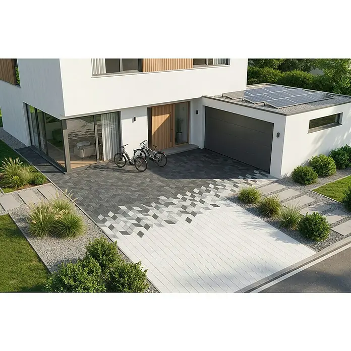 EHL Pflasterstein Plativo - 33,5 x 20 x 8 cm, Anthrazit, Beton - Moderne Pflastersteine für die Einfahrt mit geometrischem Farbverlauf von Dunkelgrau zu Weiß, führen zum Hauseingang und zur Garage.