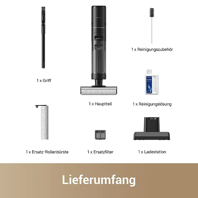 Dreame Akku-Nass-Trockensauger G10 Pro - Saugkraft: 16.000 Pa, Akkulaufzeit: 35 min, Wassertankvolumen: 0,9 l - Lieferumfang eines Bodenreinigers: Haupteinheit, Griff, Reinigungszubehör, Lösung, Ersatz-Rollenbürste, Filter und Ladestation.