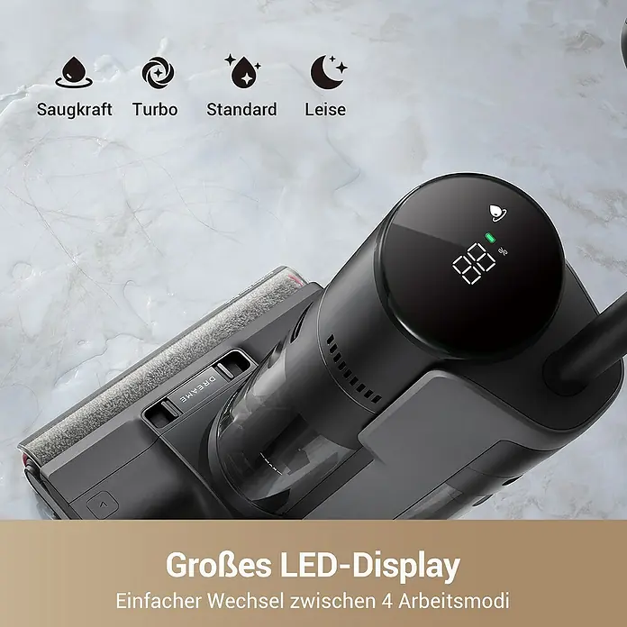 Dreame Akku-Nass-Trockensauger G10 Pro - Saugkraft: 16.000 Pa, Akkulaufzeit: 35 min, Wassertankvolumen: 0,9 l - Dunkelgrauer Staubsauger mit großem LED-Display, das "88%" und ein Symbol anzeigt, und 4 Arbeitsmodi (Saugkraft, Turbo, Standard, Leise) darstellt.