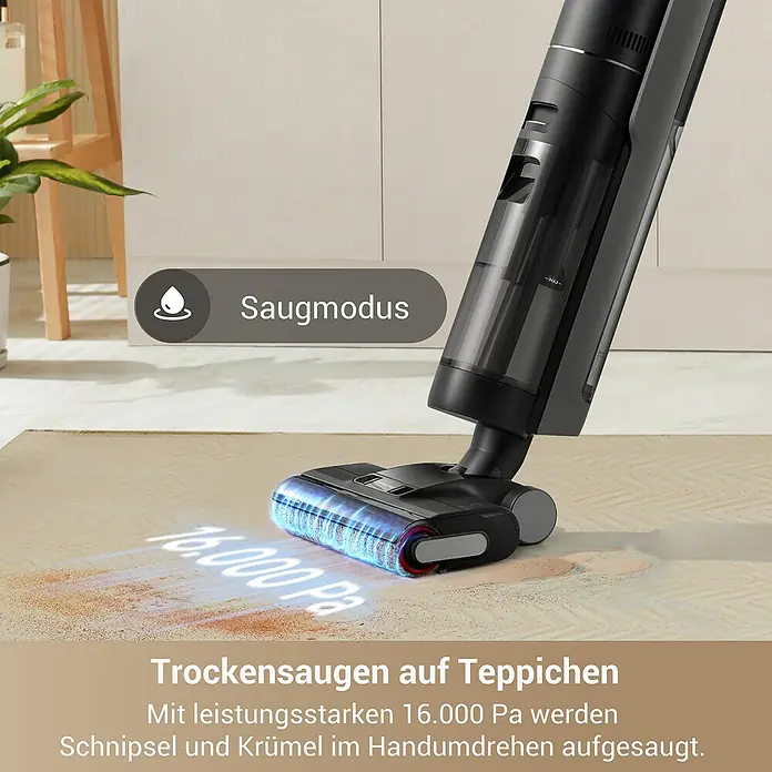 Dreame Akku-Nass-Trockensauger G10 Pro - Saugkraft: 16.000 Pa, Akkulaufzeit: 35 min, Wassertankvolumen: 0,9 l - Schwarzer Stielstaubsauger saugt mit 16.000 Pa einen Teppich, beseitigt Schmutz mit leuchtender Bürste.