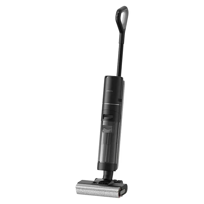 Dreame Aspirador en seco y húmedo de batería G10 Pro - Potencia de aspiración: 16.000 Pa, Duración de la batería: 35 min, Volumen del depósito de agua: 0,9 l - Una aspiradora escoba Dreame negra y gris con depósitos de agua transparentes y cepillo giratorio.
