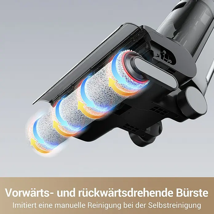 Dreame Akku-Nass-Trockensauger G10 Pro - Saugkraft: 16.000 Pa, Akkulaufzeit: 35 min, Wassertankvolumen: 0,9 l - Nahaufnahme der sich vorwärts und rückwärts drehenden Reinigungsbürsten, die manuelles Schrubben imitieren.