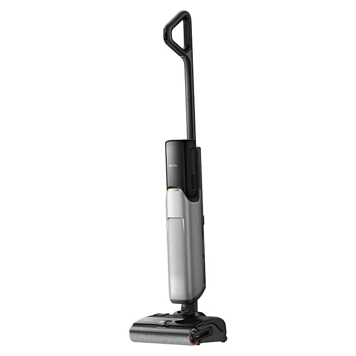 Mova Akku-Nass-Trockensauger X4 Plus - Saugkraft: 20.000 Pa, Akkulaufzeit: 45 min, Wassertankvolumen: 0,76 l - Eleganter schwarz-silberner Nass- und Trockensauger mit ergonomischem Griff, modernem Design und Bürstenrolle zur Bodenreinigung.