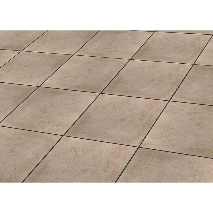 EHL Terrassenplatte Design - 60 x 60 x 4 cm, Braun-Beige, Beton - Strukturierte, beige quadratische Bodenfliesen mit dunklen Fugen.
