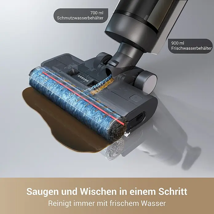 Dreame Akku-Nass-Trockensauger G10 Pro - Saugkraft: 16.000 Pa, Akkulaufzeit: 35 min, Wassertankvolumen: 0,9 l - Schwarzer Nass-Trocken-Staubsaugerkopf reinigt eine braune Flüssigkeit, zeigt Wassertanks und rotierende Bürste.