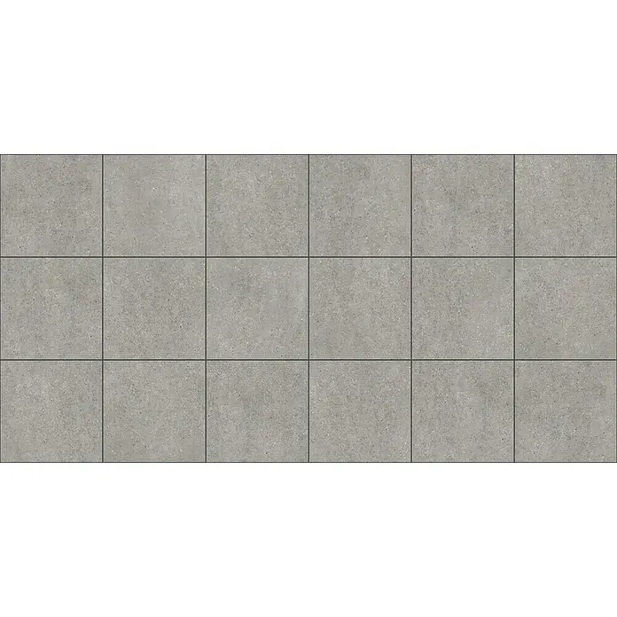 Terrassenfliese Portland - 60 x 60 x 2 cm, Londra, Matt - Graue Fliesen in Betonoptik, in einem Rastermuster mit dunklen Fugen.