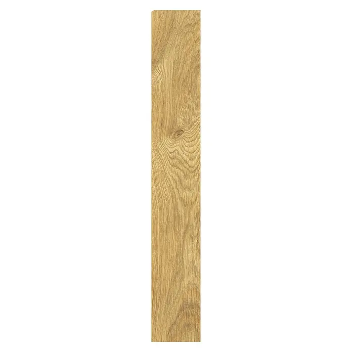 LOGOCLIC Laminado Roble Cascais - 1.380 x 193 x 8 mm, Marrón, AC5 - Panel de madera marrón claro con veta natural y un nudo.