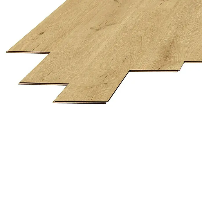 LOGOCLIC Laminado Roble Duna - 1.380 x 193 x 8 mm, Marrón, AC5 - Lamas de suelo laminado de madera clara, en proceso de instalación.