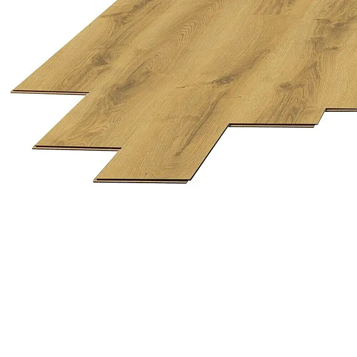 LOGOCLIC Laminado Roble Ravenna - 1.380 x 193 x 8 mm, Marrón, AC5 - Paneles de suelo laminado de madera clara, parcialmente colocados para mostrar el sistema de clic.