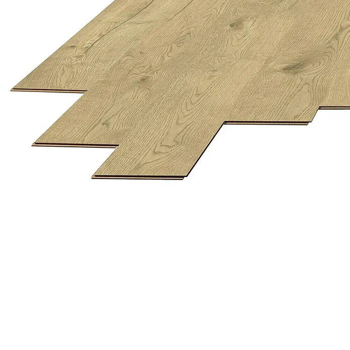 LOGOCLIC Laminado Roble Alba - 1.380 x 193 x 8 mm, Marrón, AC5 - Tablas de suelo laminado color madera clara con veta, parcialmente colocadas, mostrando el machihembrado y las capas.