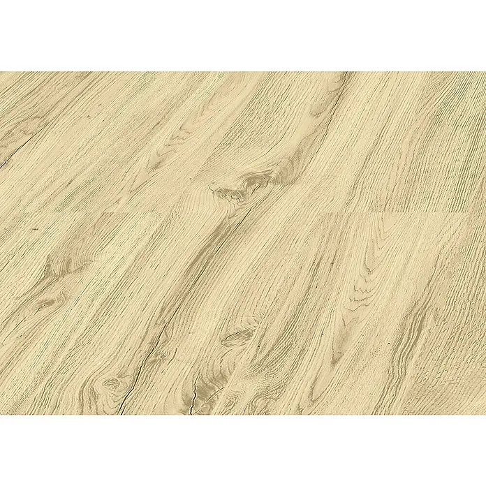 LOGOCLIC Laminado Roble Lumen - 1.380 x 193 x 8 mm, Beige, AC5 - Suelo laminado de madera beige claro con veta y nudos visibles, colocado en diagonal.