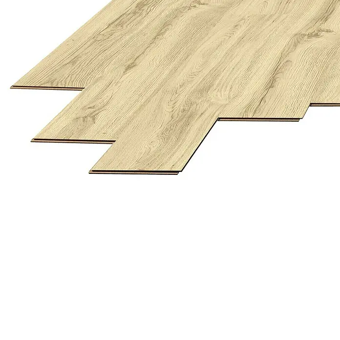 LOGOCLIC Laminado Roble Lumen - 1.380 x 193 x 8 mm, Beige, AC5 - Paneles de suelo laminado de madera clara con bordes entrelazados, parcialmente instalados.