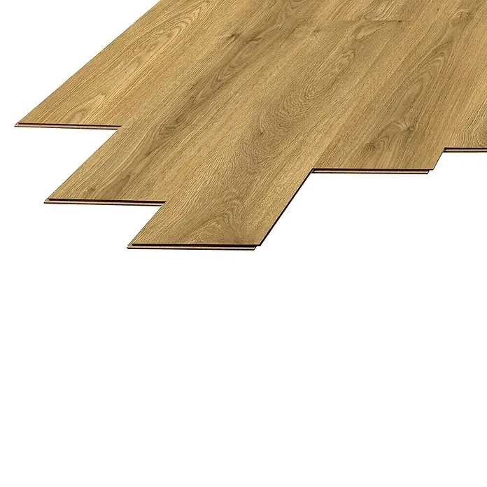 LOGOCLIC Laminado Roble Amalfi - 1.380 x 193 x 8 mm, Marrón, AC4 - Tablones de suelo laminado de madera clara en proceso de instalación, mostrando su construcción en capas.