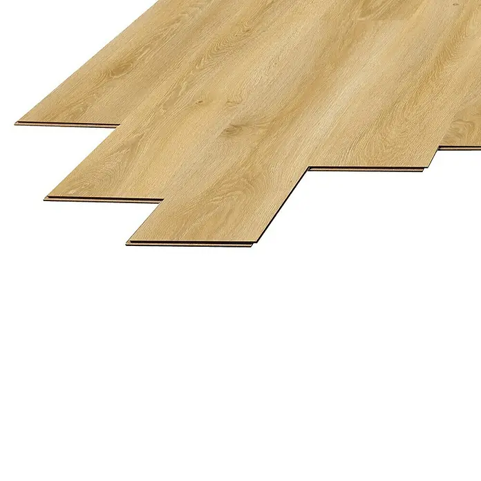 LOGOCLIC Laminado Roble Terra - 1.380 x 193 x 8 mm, Marrón, AC5 - Tablas de suelo laminado de madera clara con veta natural, algunas parcialmente encajadas, listas para instalar.