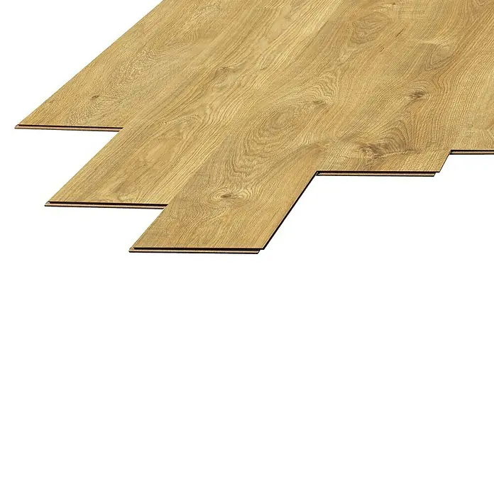 LOGOCLIC Laminado Roble Cascais - 1.380 x 193 x 8 mm, Marrón, AC5 - Paneles de suelo de roble claro con construcción en capas visible, parcialmente colocados.