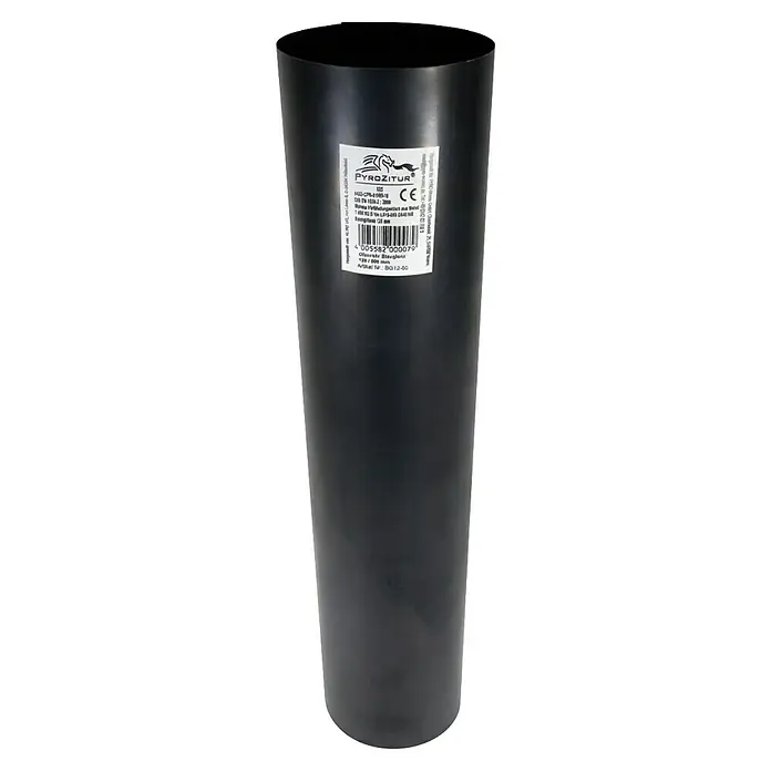 Ofenrohr - Ø x L: 120 x 500 mm, Blauglanz - Langes schwarzes zylindrisches Schornsteinrauchrohr mit weißem Produktetikett.