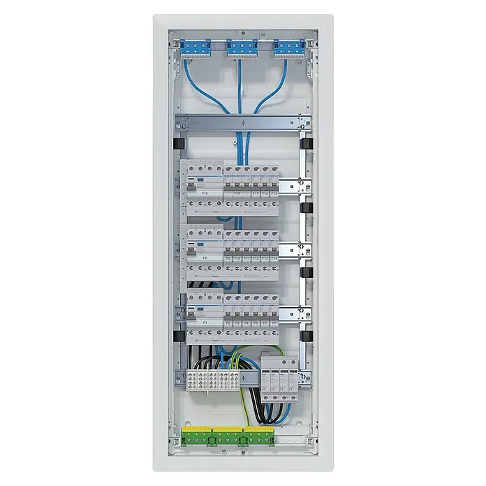 Hager Unterputz-Verteiler VU60BV1 bestückt und verdrahtet mit Tür - Anzahl Reihen: 5 Stk., 34,8 x 88,05 cm, Reinweiß, Anzahl Module: 60 Stk. - Weißer Elektroverteiler mit mehreren Sicherungsautomaten, Überspannungsschutz und integrierter Verdrahtung.