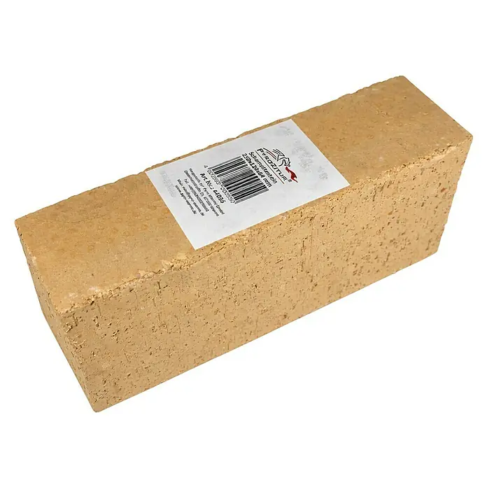 Schamottstein - L x B x H: 250 x 124 x 64 mm, Beige - Heller Schamottziegel mit weißem Produktetikett.