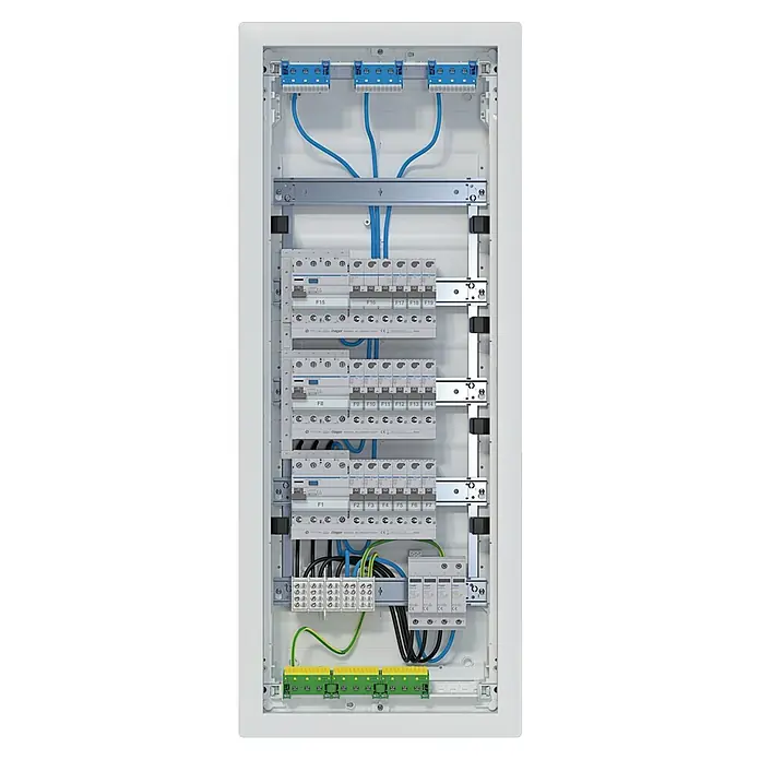 Hager Hohlwand-Verteiler VH60BV1 bestückt und verdrahtet mit Tür - Anzahl Reihen: 5 Stk., 34,8 x 88,05 cm, Reinweiß, Anzahl Module: 60 Stk. - Weißer Elektroverteiler mit Reihen von Schutzschaltern, Überspannungsschutz und Anschlussklemmen.