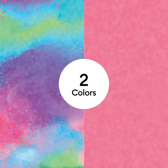 Cricut Transferfolie Infusible Ink - 2 Stk., Splash, L x B: 30,5 x 30,5 cm - Designmuster mit lebhaftem Farbpulver-Spritzmuster links und texturiertem Rosa-Muster rechts, beschriftet mit „2 Farben“.