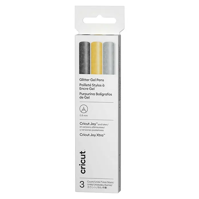 Cricut Joy Xtra Gelroller-Set Glitter Gel Pens - 3 Stk., Glitzerschwarz/Glitzergold/Glitzersilber, 0,8 mm - Weiße Packung mit 3 Cricut Glitter Gel Pens (Schwarz, Gold, Silber) mit 0,8 mm Spitzen, kompatibel mit Cricut Joy und Xtra.