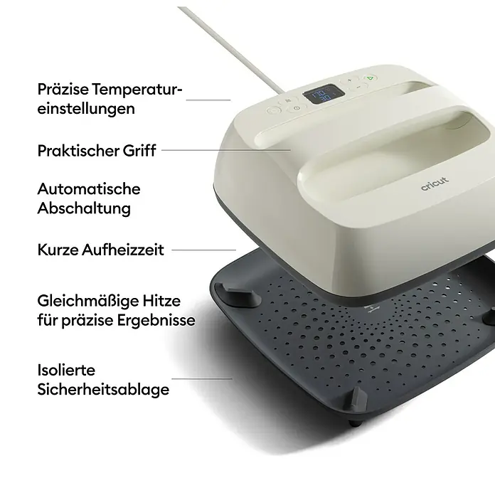 Cricut Transferpresse EasyPress SE + Hitzeschutzmatte - 22,5 x 22,5 cm, Passend für: Bügelfolien - Weiße Cricut Hitzepresse mit digitaler Anzeige, über ihrer dunkelgrauen, perforierten isolierten Sicherheitsablage.