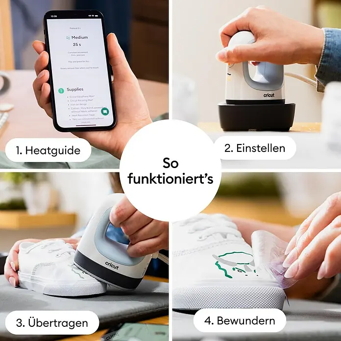 Cricut Transferpresse EasyPress Mini - Passend für: Bügelfolien, Drucktechnologie: Wärmeübertragung - Ein weiß-graues Cricut EasyPress Mini wird in vier Schritten verwendet, um ein Bügeldesign auf einen weißen Sneaker aufzubringen.