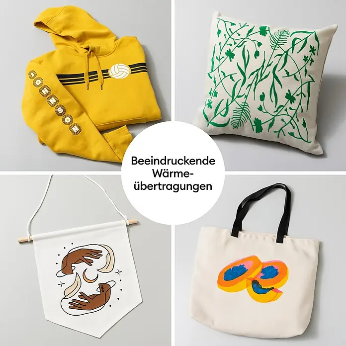 Cricut Transferpresse EasyPress SE + Hitzeschutzmatte - 22,5 x 22,5 cm, Passend für: Bügelfolien - Vier Stoffprodukte mit einzigartigen Designs, die beeindruckende Wärmeübertragungen zeigen.