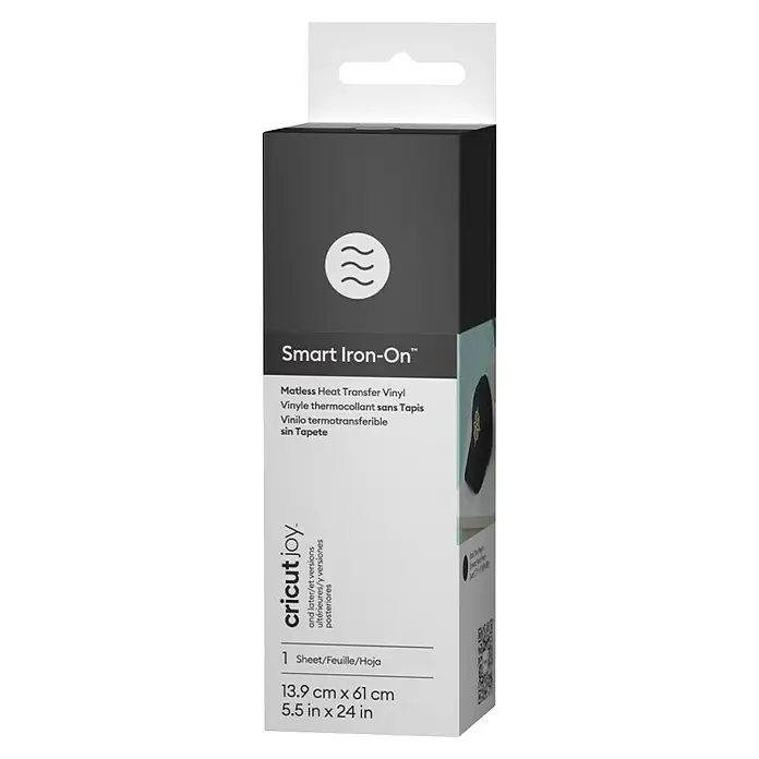 Cricut Joy Aufbügelfolie Smart Iron-On - Schwarz, L x B: 61 x 13,9 cm, Passend für: Cricut Joy Schneideplotter - Verpackung von Cricut Joy Smart Iron-On mattenlosem Wärmeübertragungsvinyl, dunkelgrau und weiß.