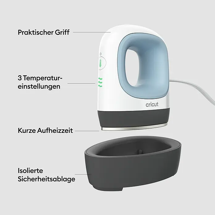 Cricut Transferpresse EasyPress Mini - Passend für: Bügelfolien, Drucktechnologie: Wärmeübertragung - Weiße und hellblaue Cricut-Transferpresse mit praktischem Griff und dunkelgrauer isolierter Sicherheitsablage.