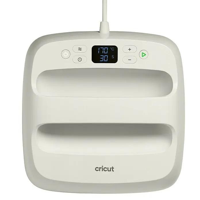 Cricut Transferpresse EasyPress SE + Hitzeschutzmatte - 22,5 x 22,5 cm, Passend für: Bügelfolien - Cremefarbene Cricut Transferpresse mit Digitalanzeige (170°C, 30s) und Bedientasten für präzises Basteln.