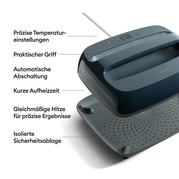 Cricut Transferpresse EasyPress SE + Hitzeschutzmatte - 25 x 30 cm, Passend für: Bügelfolien - Dunkelgraue Cricut Transferpresse mit Digitalanzeige für präzise Temperatur- und Zeiteinstellungen, auf isolierter Ablage.