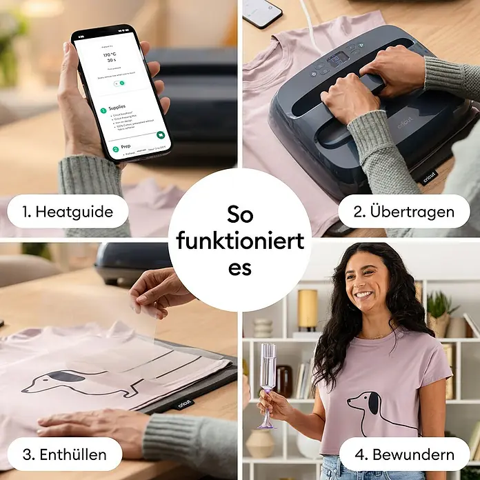 Cricut Transferpresse EasyPress SE + Hitzeschutzmatte - 25 x 30 cm, Passend für: Bügelfolien - Vierteiliges Bild zeigt Schritte zum Aufbügeln eines Hunde-Designs auf ein T-Shirt mit einer Cricut Hitzepresse: Anleitung, Pressen, Abziehen, fertiges Design.